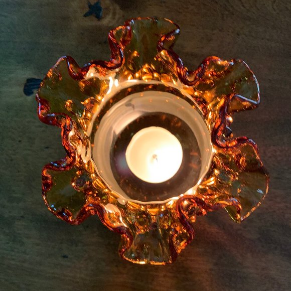 Vintage Fenton Amber Glass Footed Hobnail Vase with Ruffled Edge - Picture 12 of 12